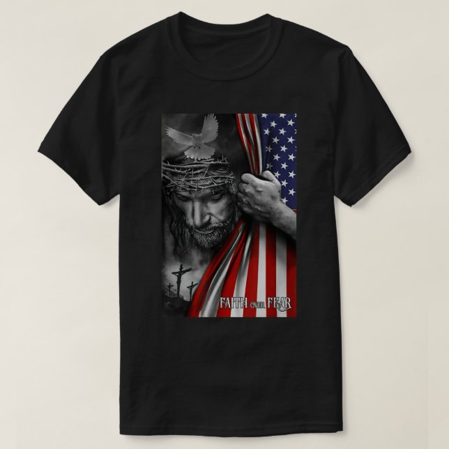 Farhågor om Jesus amerikanska Flagga Patriot Krist T Shirt (Design framsida)