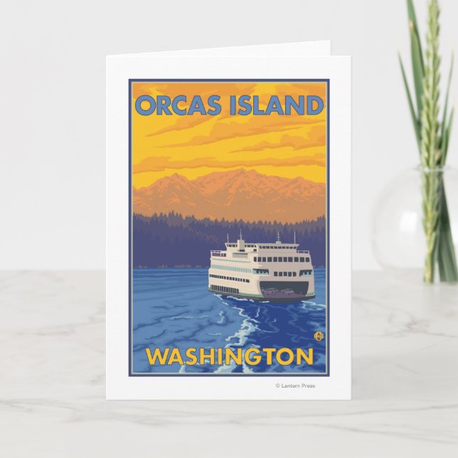 Färja och berg - Orcas ö, Washington Kort (Framsida)
