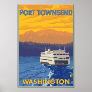Färja och berg - port Townsend, Washington Poster