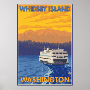 Färja och berg - Whidbey ö, Washington Poster
