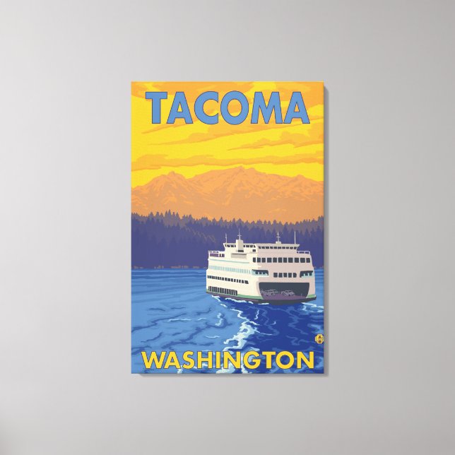 Färjor och berg - Tacoma, Washington Canvastryck (Framsida)