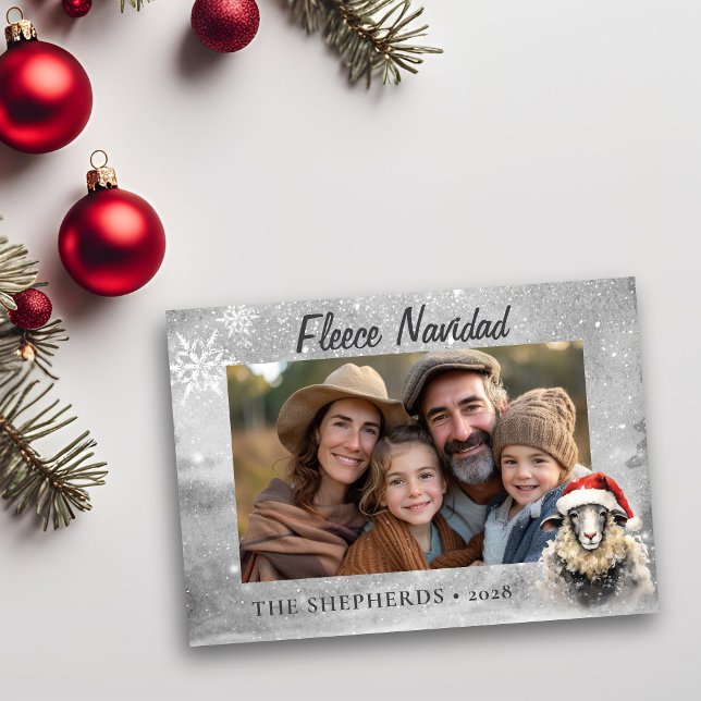 Fårkort med pipettfoto, platt Helgdag, Silver Julkort (Fleece navidad whimsical holiday photo card.)