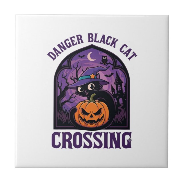 Farlig svart katt korsar Halloween-pumpa häxa  Kakelplatta (Framsidan)
