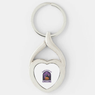 Farlig svart katt som korsar Halloween-pumpa häxa Twisted Heart Silverfärgad Nyckelring