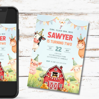 Farm 2nd Birthday Invitation, Two Year Old Birthda Inbjudningar