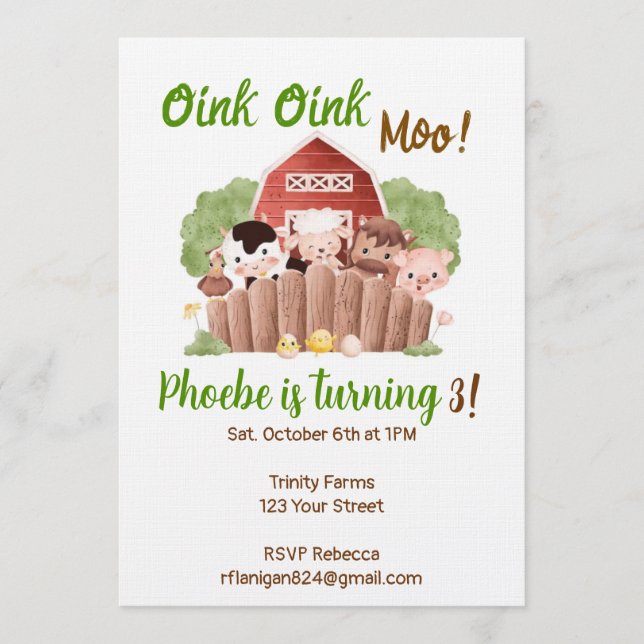 Farm Animal Barnyard Birthday Invitation Inbjudningar (Framsida)