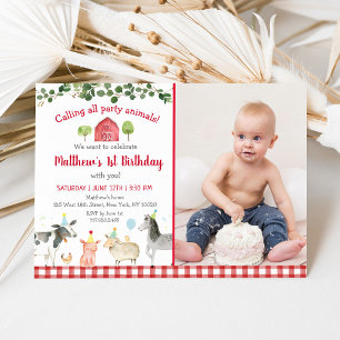 Farm Animal Barnyard Greenery Birthday Inbjudningar