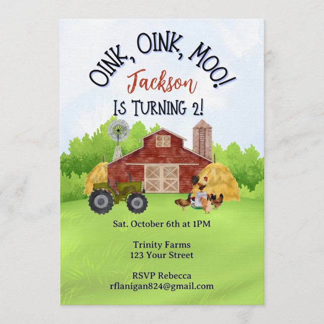 Farm Animal Barnyard Second Birthday Invitation Inbjudningar (Framsida)