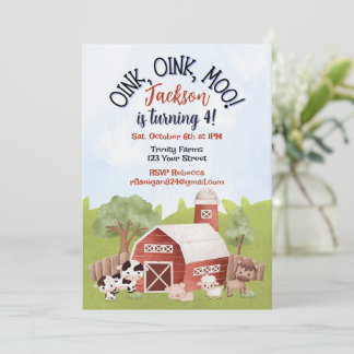 Farm Animal Barnyard Second Birthday Invitation Inbjudningar