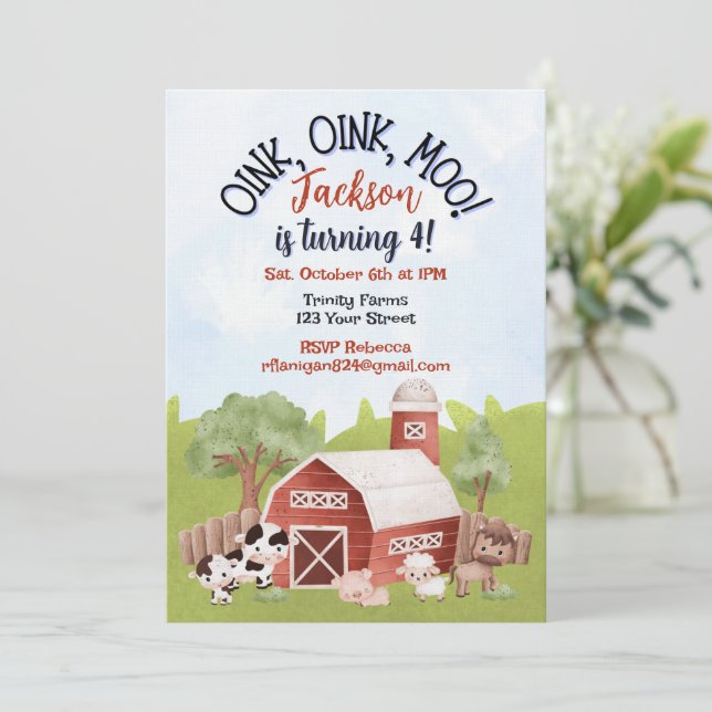 Farm Animal Barnyard Second Birthday Invitation Inbjudningar (Stående Fram)