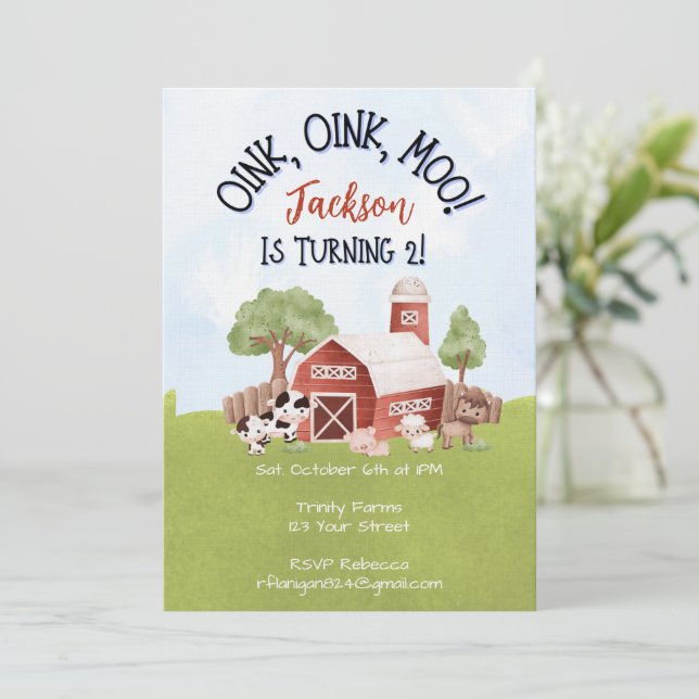 Farm Animal Barnyard Second Birthday Invitation Inbjudningar (Stående Fram)