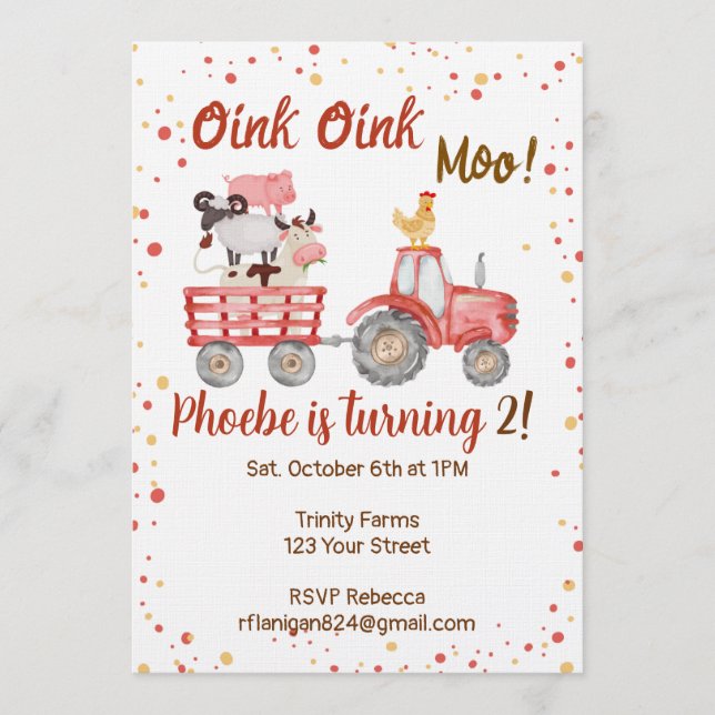 Farm Animal Barnyard Second Birthday Invitation Inbjudningar (Framsida)