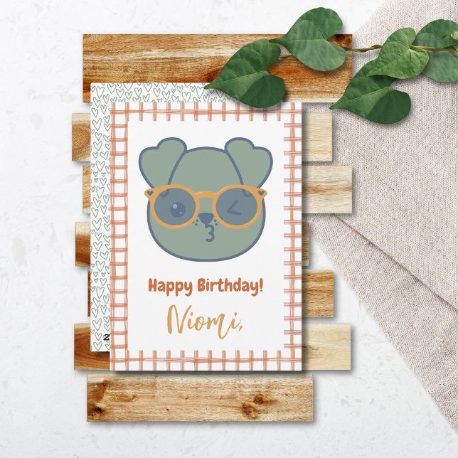 Farm Animal Birthday Hund Hearts Gingham Mönster Julkort (Farm Animal Birthday Card Dog Orange Gingham Border Heart Pattern)