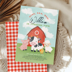 Farm Animal Boys Barnyard 2:a födelsedagen Inbjudningar