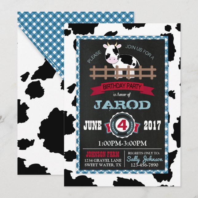 Farm Animal Cowhide Gingham Land Boy Birthday Inbjudningar (Fram/baksida)