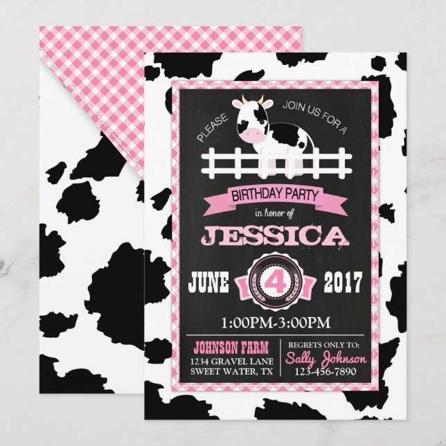 Farm Animal Cowhide Gingham Land Girl Birthday Inbjudningar (Fram/baksida)