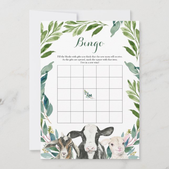 Farm Animal Greenery Boy Shower Bingo Game Inbjudningar (Framsida)