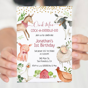 Farm Animal Oink Moo Cockadoodle Doo Birthday Inbjudningar