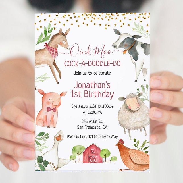 Farm Animal Oink Moo Cockadoodle Doo Birthday Inbjudningar (Skapare uppladdad)
