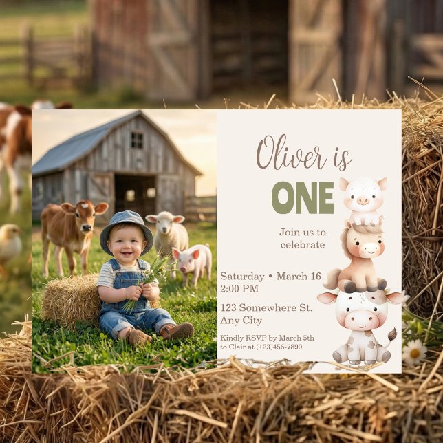 Farm Animals 1st Birthday Barnyard Baby Boy Photo Inbjudningar (Farm Animals 1st Birthday Barnyard Baby Boy Photo Invitation)