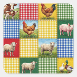 Farm Animals and Gingham Patchwork Quilt Fyrkantigt Klistermärke