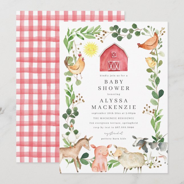 Farm Animals Baby Shower Invitation Inbjudningar (Fram/baksida)