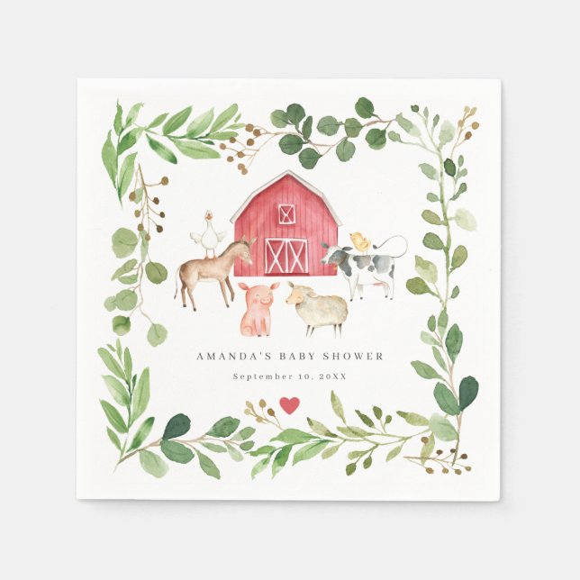 Farm Animals Baby Shower Party Paper Napkins Pappersservett (Framsidan)