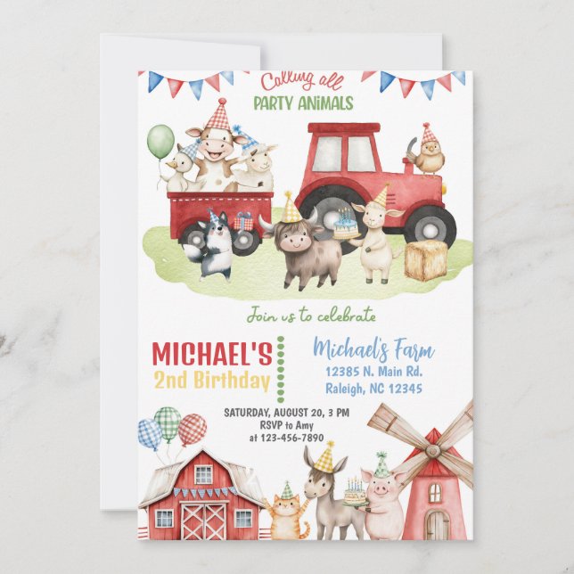 Farm animals boy ANY AGE birthday invitation. Inbjudningar (Framsida)