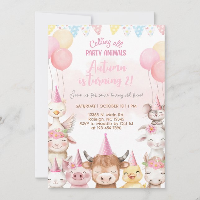 Farm animals close-up girl birthday invitation. inbjudningar (Framsida)