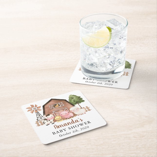 Farm Animals, Cute Animals, Barn, Baby Shower Underlägg Papper Kvadrat (Insitu)