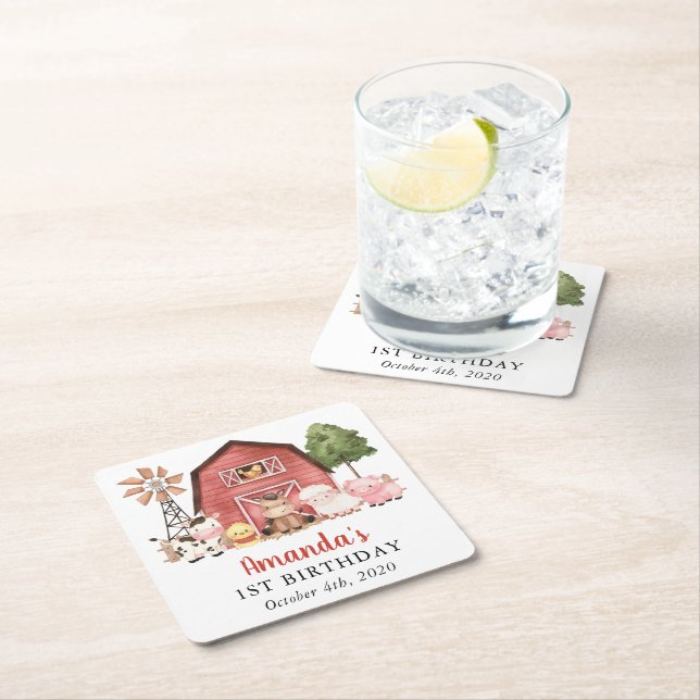 Farm Animals, Cute Animals, Barn, First Birthday Underlägg Papper Kvadrat (Insitu)