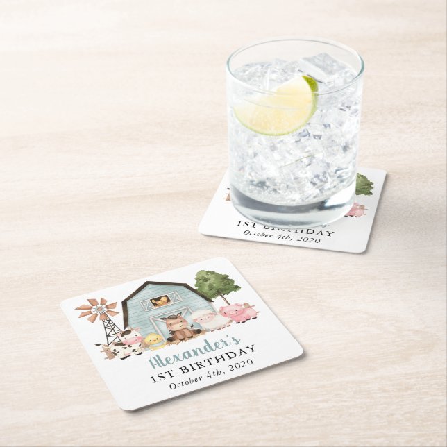 Farm Animals, Cute Animals, Barn, First Birthday Underlägg Papper Kvadrat (Insitu)