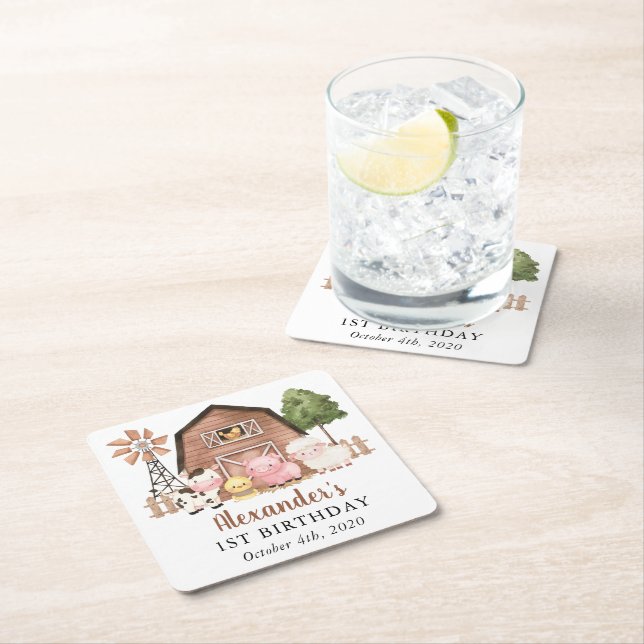 Farm Animals, Cute Animals, Barn, First Birthday Underlägg Papper Kvadrat (Insitu)