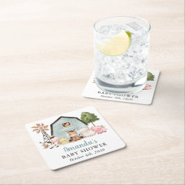 Farm Animals, Cute Animals, Blue Barn, Baby Shower Underlägg Papper Kvadrat