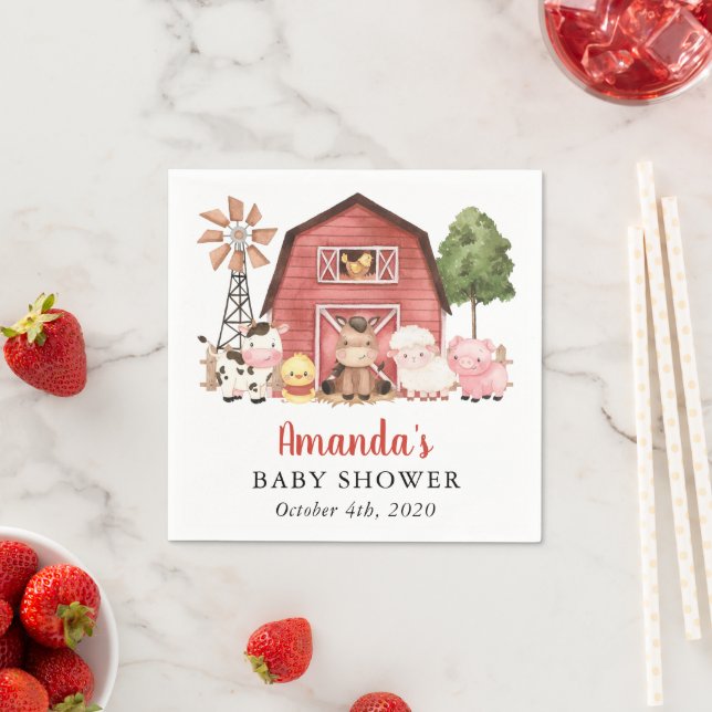 Farm Animals, Cute Animals, Red Barn, Baby Shower Pappersservett (Insitu)