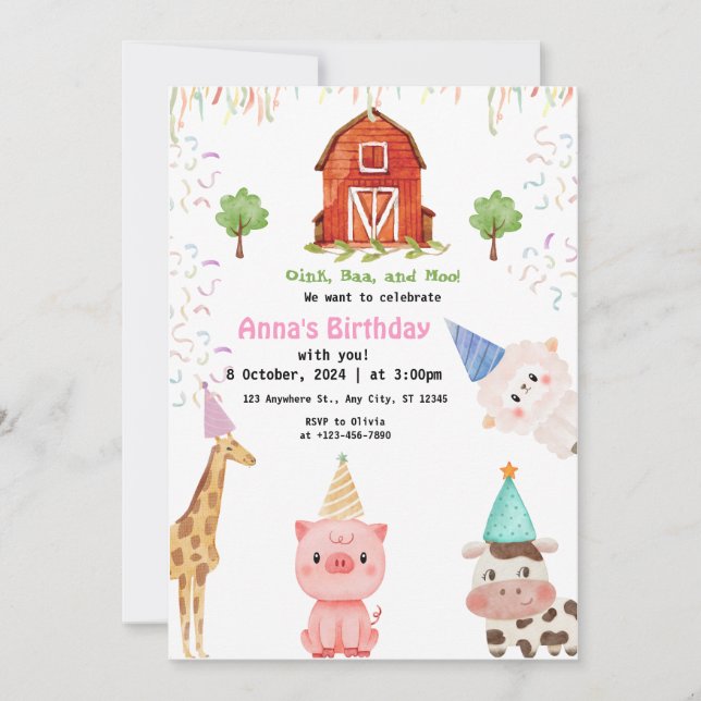 Farm Animals Girl Gingham Barnyard Birthday Inbjudningar (Framsida)
