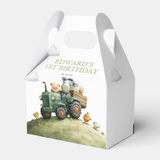 Farm Animals Green Tractor Birthday Presentaskar (Baksidan Sidan)