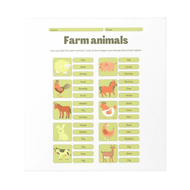Farm Animals Identification Educational Worksheet Anteckningsblock (Framsida)