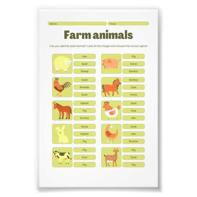 Farm Animals Identification Educational Worksheet Fototryck (Framsidan)