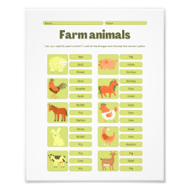 Farm Animals Identification Educational Worksheet Fototryck