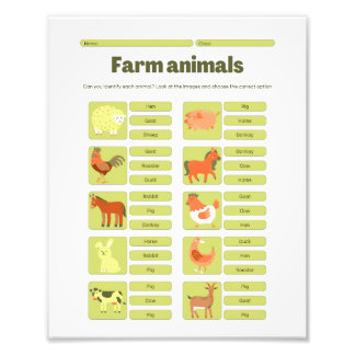 Farm Animals Identification Educational Worksheet Fototryck