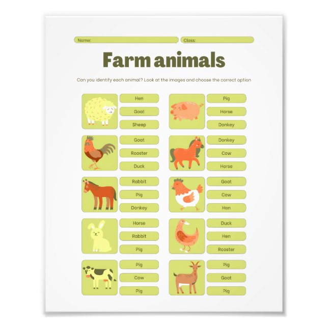 Farm Animals Identification Educational Worksheet Fototryck (Framsidan)