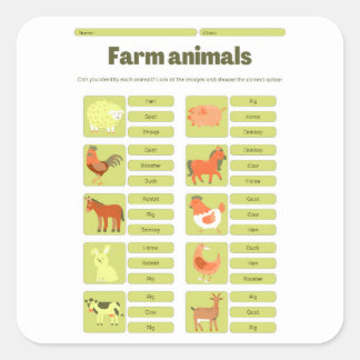 Farm Animals Identification Educational Worksheet Fyrkantigt Klistermärke
