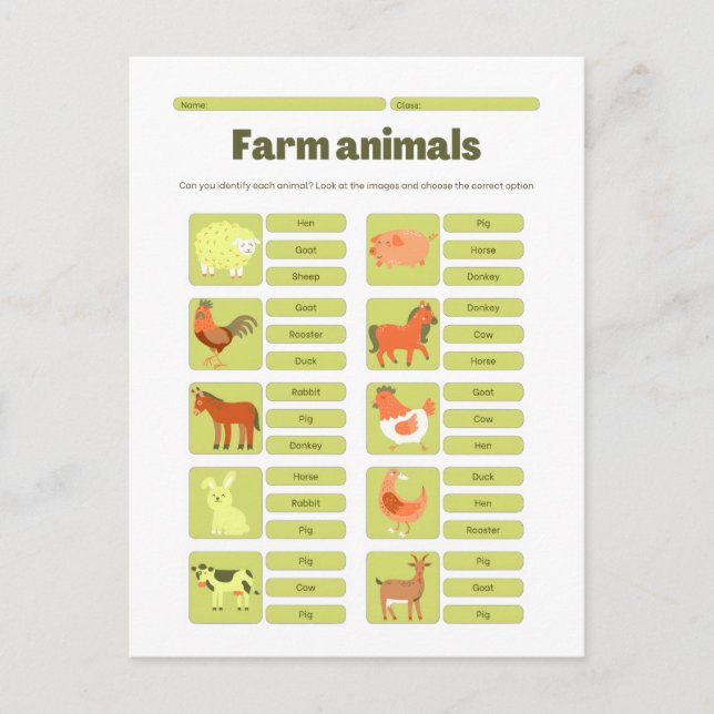 Farm Animals Identification Educational Worksheet Helg Vykort (Framsida)