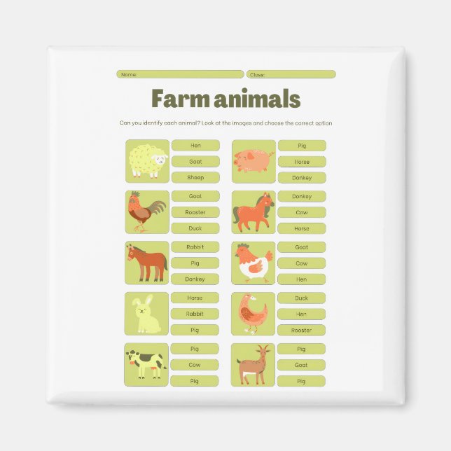 Farm Animals Identification Educational Worksheet Magnet (Framsidan)