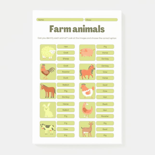 Farm Animals Identification Educational Worksheet Post-it Block (Framsida)