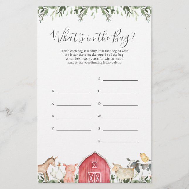 Farm Baby Shower Gissa vad som finns i Bag-spelet (Framsida)