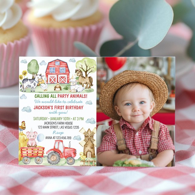 Farm Barnyard Animals Birthday Fotoinbjudan Tack Kort (Skapare uppladdad)