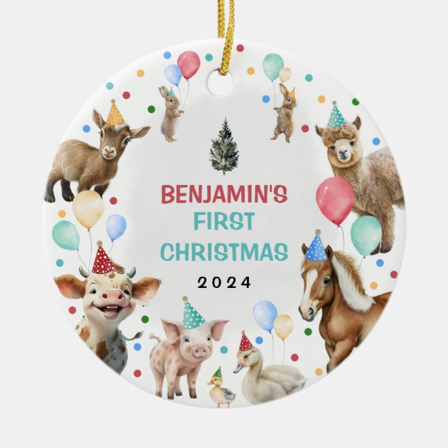 Farm Barnyard Animals Confetti Baby 1:a jul Julgransprydnad Keramik (Framsidan)
