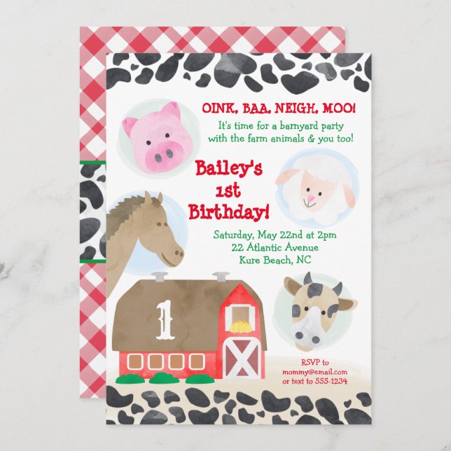 Farm Barnyard Animals Gingham Cow Print Birthday Inbjudningar (Fram/baksida)